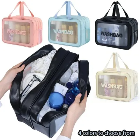 Bolsa de maquiagem transparente dupla com compartimento seco e molhado, bolsa de higiene portátil, bolsa de armazenamento de cosméticos, essenciais para viagem, fitness e natação