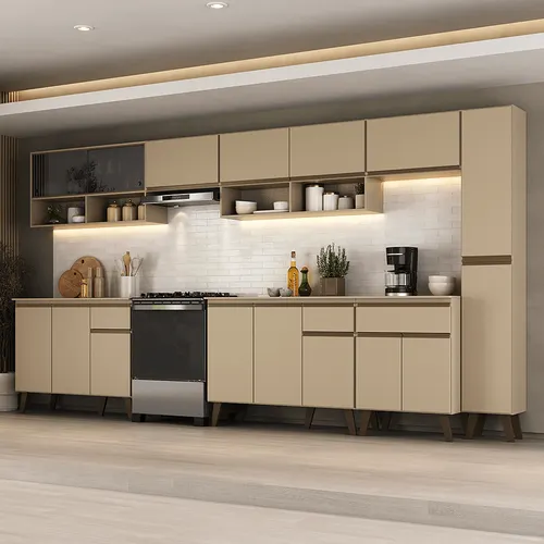 Armário de Cozinha Completa Atlanta Linea com Vidro Carraro Amêndoa