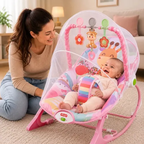 Cadeira de Descanso Musical Bambinelli Rocker para Bebê com Mosquiteiro, até 18kg - Rosa