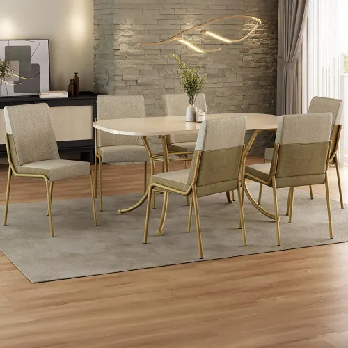 Conjunto Sala de Jantar 6 Cadeiras Manila Carraro Off Dourado