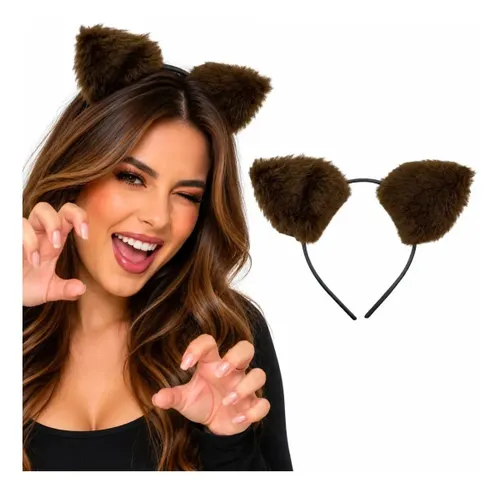 Tiara Orelha Pelúcia Fantasia Bichos Animais Modelo Cor Marrom