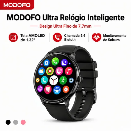 MODOFO Relógio Inteligente Smartwatch Tela AMOLED 1,32" Monitor Cardíaco Pressão Arterial 123 Modos 1ATM