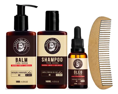 Kit para Barba Shampoo Balm Oleo Pente Curvo Barba de Macho