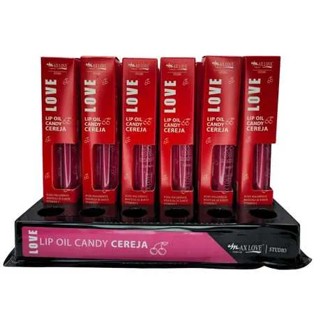 BOX C/ 36 LIP OIL CANDY CEREJA MAX LOVE — HIDRATAÇÃO INTENSA E BRILHO ESPELHADO
