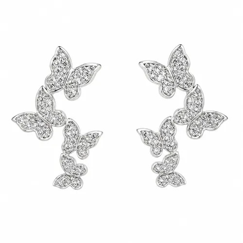 Brinco Earcuff Quatro Borboletas Cravejadas Desiguais em Prata 925 com Ródio