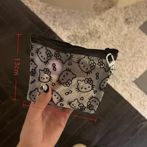 Bolsa de Maquiagem Hello Kitty em Malha, Necessaire de Desenho Animado com Zíper, Bolsa de Armazenamento Pequena Portátil para Viagem, Organizador de Papelaria para Meninas, Presente
