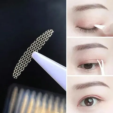 240 unidades de fita adesiva invisível para pálpebras duplas, com padrão de renda, cor natural, transparente, bege, com aplicação fácil, para maquiagem natural dos olhos, com ferramentas.