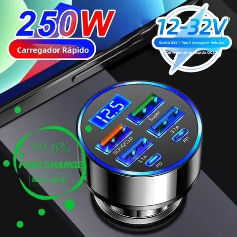 Carregador de Carro PD 250W QC3.0 com Carga Rápida, Dois a Seis Portas, Plugue para Acendedor de Cigarros, Carregador de Carro com Carga Rápida e Display Digital
