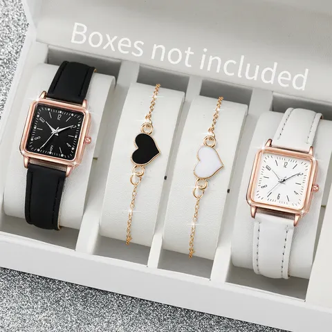 2/4 PCS Moda Quadrada Relógio Feminino Pulseira de Couro Relógios de Quartzo Conjunto de Pulseira de Coração (Sem Caixa)