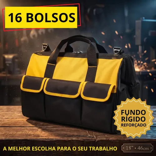 Bolsa Ferramentas Grande Reforçada Maleta Lona 16 Bolsos Fundo Resistente Eletricista Encanador Mecânico Hobista Manutenção Predial Porta Ferramenta Profissional Alça Reforçada Preto/Amarelo Spirobol