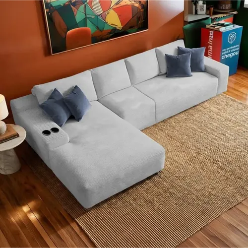 Sofá Evo com Chaise Lounge Velourê 4 módulos