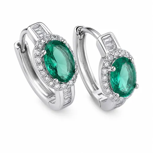 Brinco Argola Zircônia Esmeralda Oval 1,4 cm em Prata 925