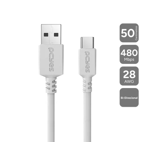 Cabo PCYES USB A 2.0 para USB Tipo-C 50cm 3A Branco PUACB-05