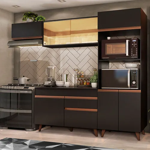 Armário de Cozinha Completa 260cm Preto Reims Madesa XA01