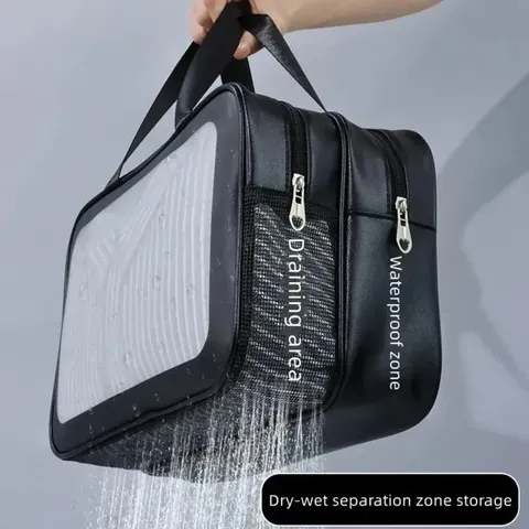 Bolsa de Maquiagem PU Transparente com Separação Seco-Umido, Necessaire Portátil para Viagem, Fitness e Natação