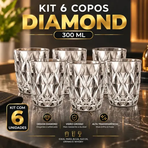 Jogo 6 Copos Diamond Diamante 300ml THOMHOME Vidro Grosso Branco