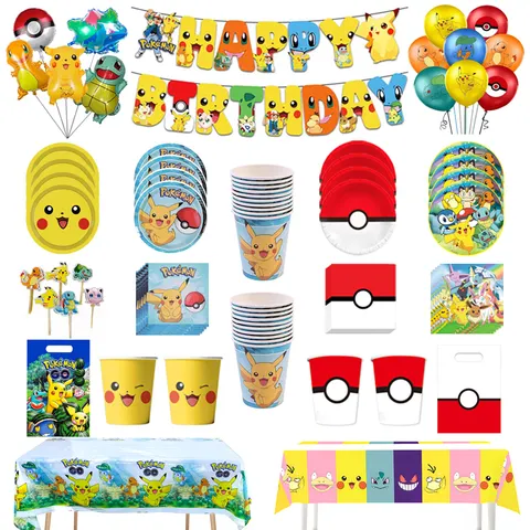 Decoração de festa de aniversário pokémon, pikachu, descartável, copo, guardanapo, prato, toalha de mesa, chá de bebê, bolo, bandeira, balões