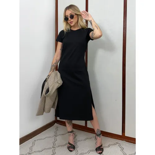 Vestido Mid Camiseta com Fenda Aveloz Preto