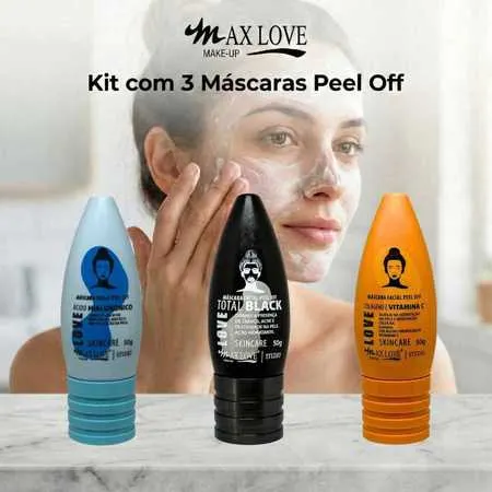 Kit com 3 Máscaras Peel Off - Ácido Hialurônico, Total Black, Vitamina C Max Love