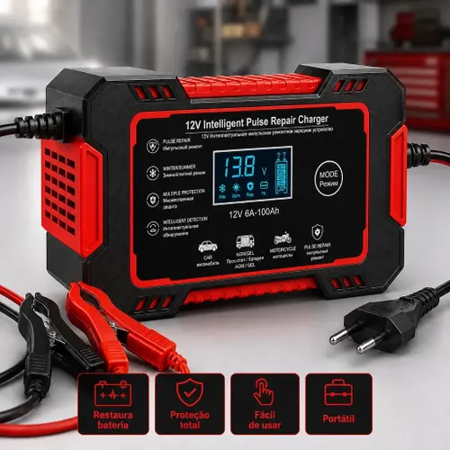 Carregador Inteligente de Bateria Automotiva 12V 6A Bivolt com Display Digital para Baterias 4Ah a 100Ah Carro Moto Utilitário Barco Caminhão Recupera Bateria