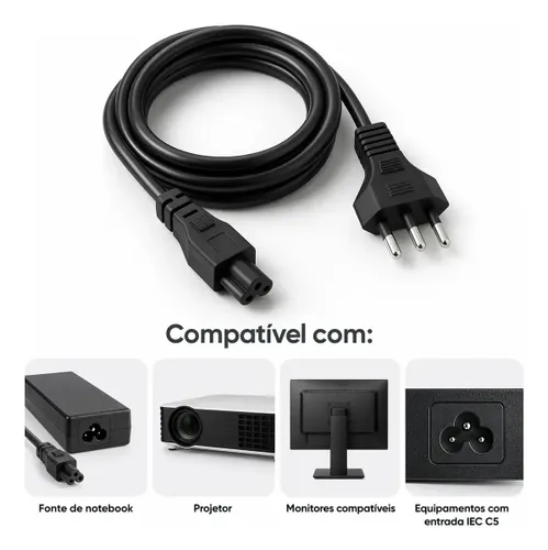 Cabo de Força Energia Tripolar Iec C5 Tipo Mickey para Monitor Pc Impressora 1,5m Padrão Brasil Bivolt 110v 220v para Computador Reforçado Alta Durabilidade Fonte Tv Nobreak Projetor Eletric Teck