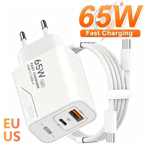 Carregador USB C GaN de 65W com 2 portas, carregamento rápido para iPhone, Samsung, Xiaomi, tipo C, adaptador de energia com plugue EU/US para tomada de parede.