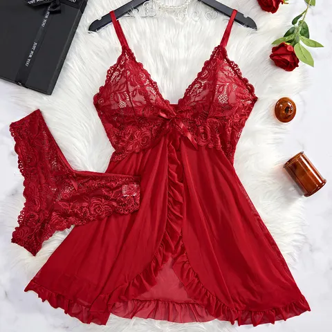 Verão sexy lingerie vestido feminino renda ver através camisola sleepwear sólido fino macio decote em v deslizamento completo sleepwear & vestidos