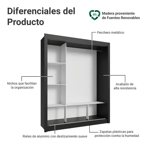 Guarda-Roupa Casal 3 Portas de Correr Preto/Branco Nobre Madesa