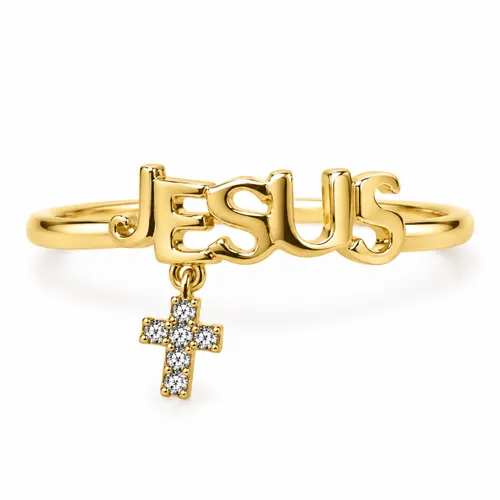 Anel Jesus com Pingente de Cruz Cravejado com Zircônias em Ouro 18K