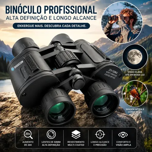 Binóculo Profissional 20x50 Longo Alcance Preto Diurno Foco Trilha Zoom Qualidade