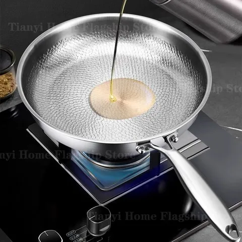 Panela de Fritura de Aço Inoxidável de Titânio 22/24/26/28/30cm, Wok Antiaderente para Cozinha, Frigideira para Ovos e Bifes, Utensílios de Cozinha para Fogão a Gás e Indução