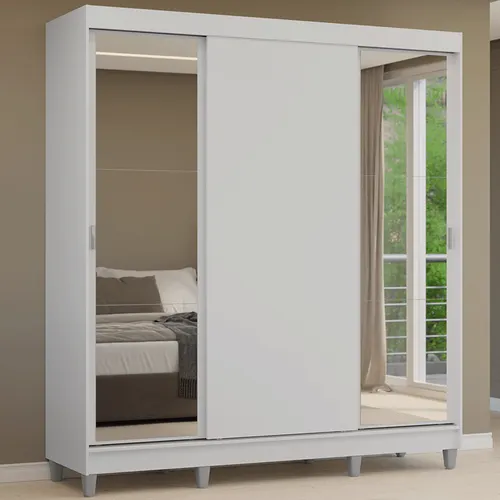 Guarda-Roupa Casal com Pés 3 Portas de Correr com Espelhos Branco Reno Madesa