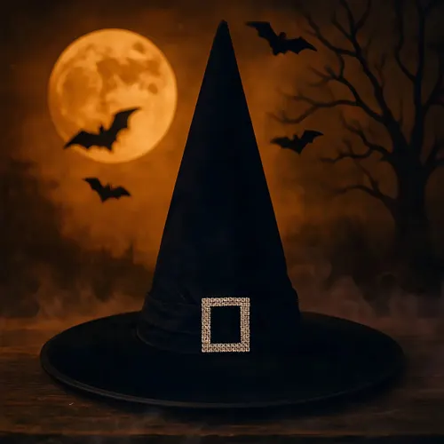 Chapéu Bruxa de Luxo Veludo Fivela com Strass Fita Decorativa Festas Halloween Divertido