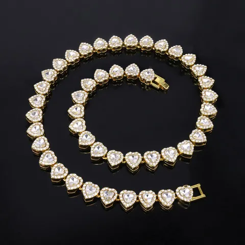 Zakol 45cm novo hip hop tênis corrente pulseira colar brilhante coração strass cz moda rock festa conjunto de jóias