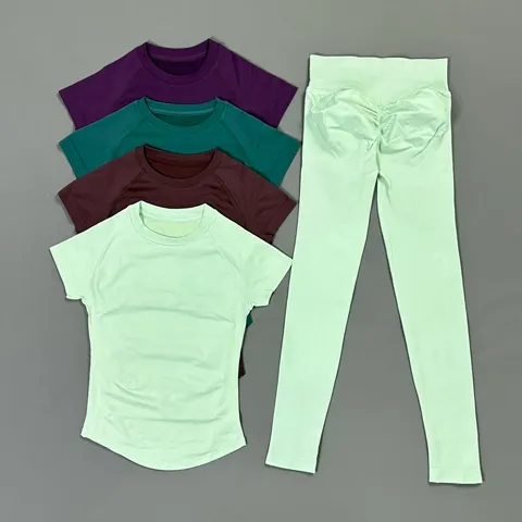Conjunto de Roupas Esportivas HISTELLO para Mulheres, 2 Peças, Camiseta de Manga Curta sem Costura, Leggings para Treino com Efeito de Levantar o Bumbum