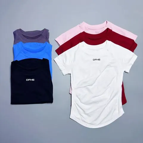 DFHE – Camiseta de desporto respirável para mulher, de manga curta, com gola redonda, tecido elástico, ideal para uso casual, academia, ioga, corrida e atividades físicas.