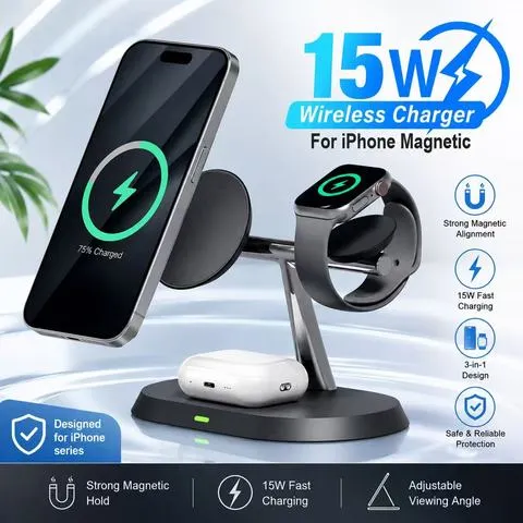 Carregador sem Fio Magnético 3 em 1 para iPhone 16/15/14/13/12 Magsafe, Apple Watch 8/7 e Airpods Pro, Estação de Carregamento Rápido