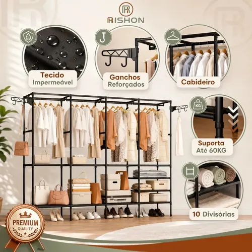 Guarda Roupa Dobravel Closet Aberto Organizador de Roupas Desmontavel e Arara Organizadora 4 Colunas em Aço Resistente Rishon