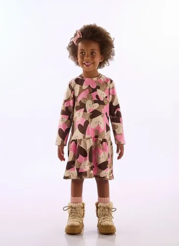 Vestido Infantil em Cotton com Manga Longa Marrom