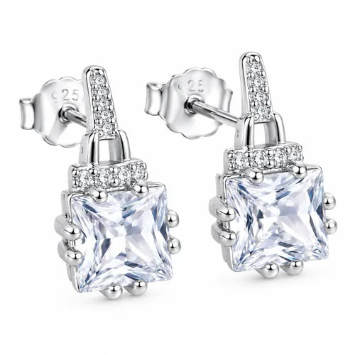 Brinco Quadrado Cristal 4 Zircônias 1,3 cm em Prata 925