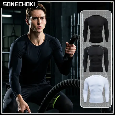 Camisa de compressão masculina, camisa de compressão de manga longa de secagem rápida para homens, roupas esportivas para academia, camiseta fitness, treino, top muscular