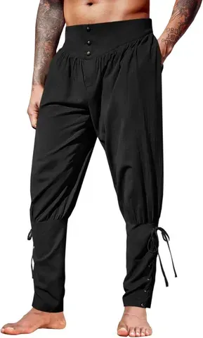 Calças Masculinas Medievais de Cano Curto, Estilo Renascentista, Viking, Pirata, com Cadarço, Corte Afunilado, para Fantasia de Halloween, em Linho, Calças Streetwear para Homens
