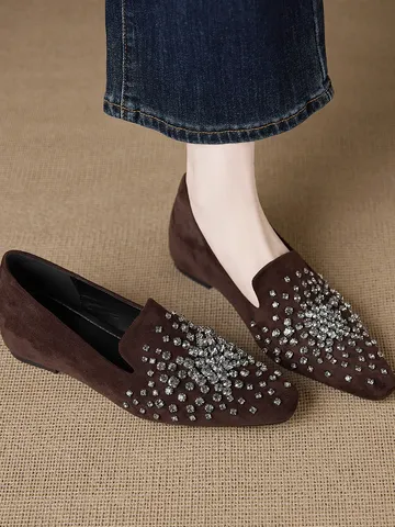 Sapatos Femininos Retro de Cabeça Quadrada, Slip-On, Sola Plana, com Strass, Sapatos Confortáveis e Casuais para Pessoas Preg...