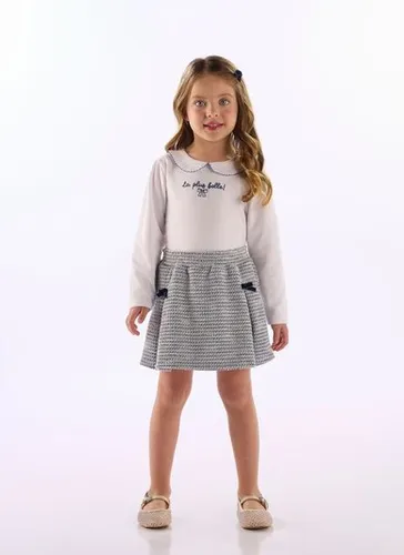 Conjunto Infantil Menina com Blusa em Cotton e Short-Saia Tweed Branco