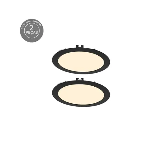 Kit 2 Plafons LED Embutir Redondo 18W Preto Ø22,5cm