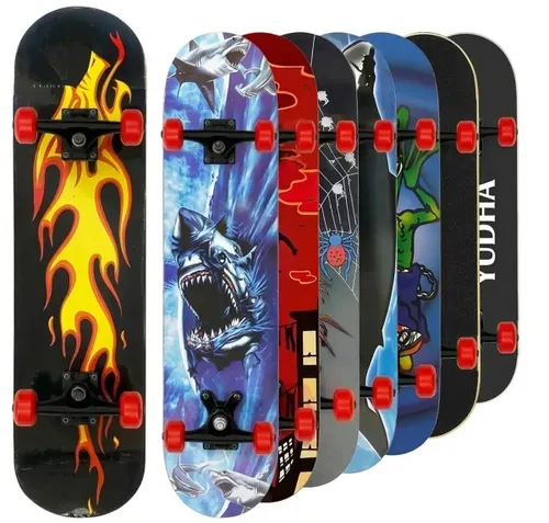 Skate Infantil de Madeira Tamanho Médio 60 cm Shape com Lixa Rodas 50 mm Suporta Até 40 kg Skate Iniciante Montado para Criança Menino e Menina Estampa Sortida Kizumba