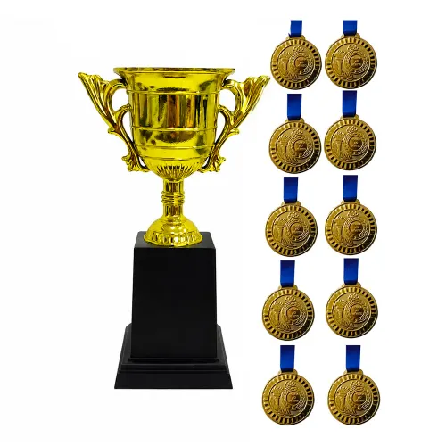 Kit Troféu 1 Taça 19 Cm + 10 Medalhas Douradas 29mm