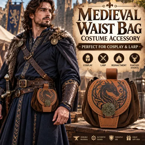 Bolsa de cintura com padrão de dragão medieval para o Halloween, bolsa de couro vintage, acessório para cinto de cosplay LARP, acessório para festas e fantasias.