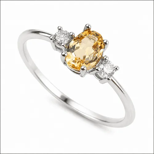 Anel Prata 6 mm Oval Citrino com 2 Zircônias
