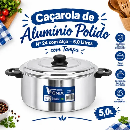 Caçarola de Alumínio Polido Nº 24 com Alça – 5,0 Litros com Tampa | Fabricada pela Indústrias Fênix